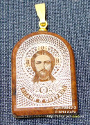 70842-3 Кулоны арка из обсидиана с обкладом  "Иисус" 25х17х3 мм