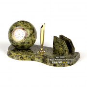 Часы из змеевика настольные с шаром, визитницей и подставкой под ручку