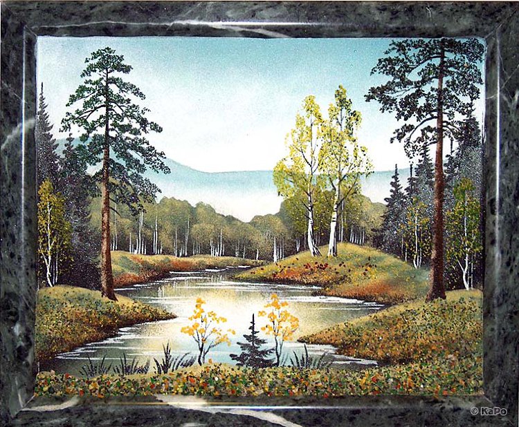 Картины из каменной крошки с урала в рамке из малахита