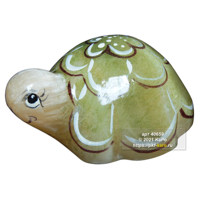 Черепашка из селенита  Черепашка из селенита, расписана вручную акриловыми красками. На фото типовое изделие, оригинал может отличаться по размеру и весу (в пределах 10%), цвету, рисунку камня. 