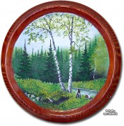 Образец рисунка каменной крошкой на деревянной тарелке