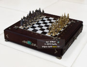 Шахматный ларец с фигурами из бронзы  "Русские" с доской из долерита, мрамора, дерева, малахита