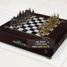 Шахматный ларец с фигурами из бронзы  "Русские" с доской из долерита, мрамора, дерева, малахита