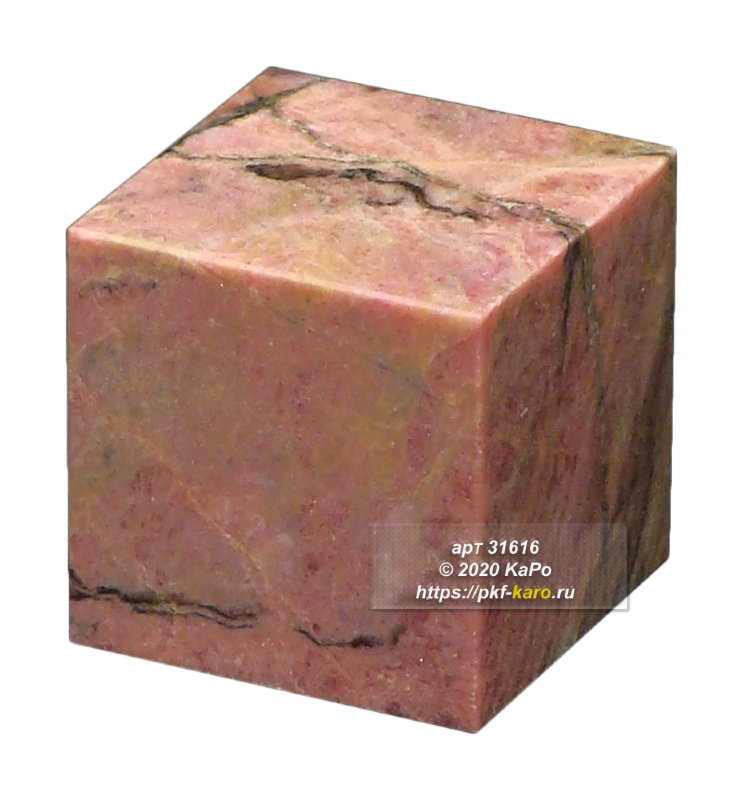 Кубик из родонита  Кубик из родонита. На фото типовое изделие, оригинал может отличаться по размеру и весу (в пределах 10%), цвету, рисунку камня. 