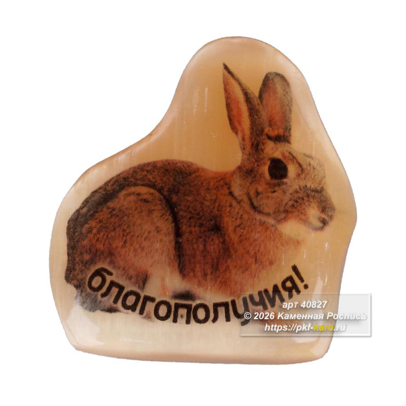 Магнит из селенита "Благополучия"  Этот сувенирный магнит выполнен из натурального селенита в форме милого кролика. Камень обладает приятным тёплым оттенком и мягким внутренним сиянием, которое создаёт ощущение уюта.

На лицевую сторону изделия нанесено изображение очаровательного кролика и надпись с добрым пожеланием — «Благополучия». С обратной стороны закреплён сильный магнит, который надёжно удерживает фигурку на металлической поверхности. Такой сувенир станет душевным подарком и небольшим талисманом, приносящим в дом гармонию и процветание.

На фото типовое изделие, оригинал может отличаться по размеру и весу (в пределах 10%), цвету, рисунку камня. 